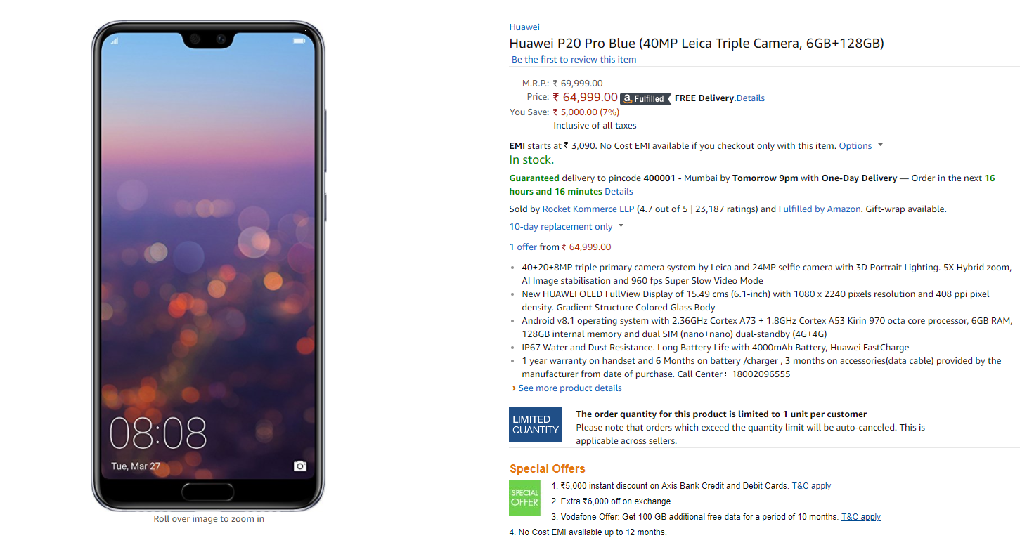 Huawei p20 pro price in amazon india