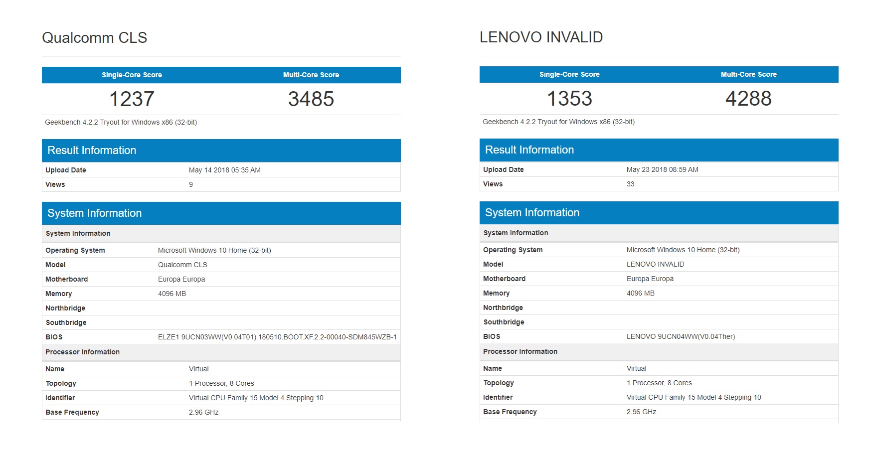 Snapdragon 850 Geekbench test devices