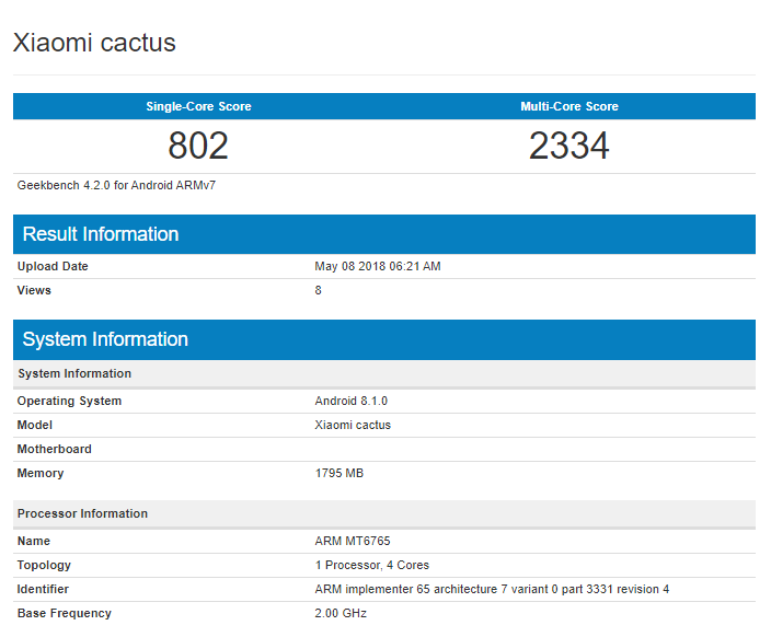 Xiaomi Cactus Geekbench Redmi 5X