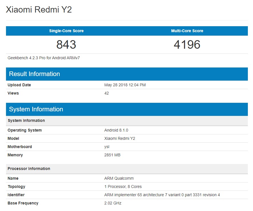 Xiaomi Redmi Y2 Geekbench