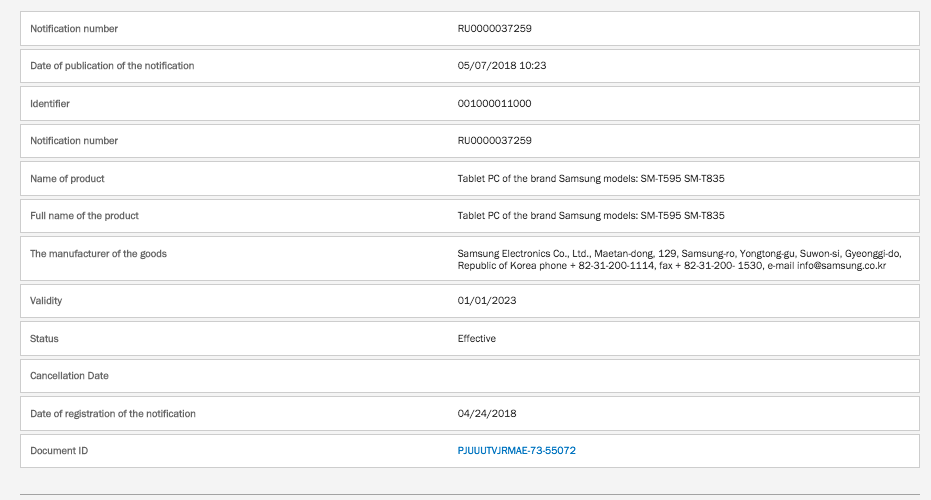 Samsung Galaxy Tab S4 EEC Certified