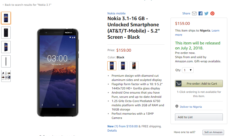 Nokia 3.1 Amazon