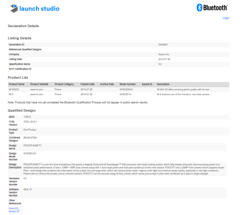 POCOPHONE F1 Bluetooth certification page