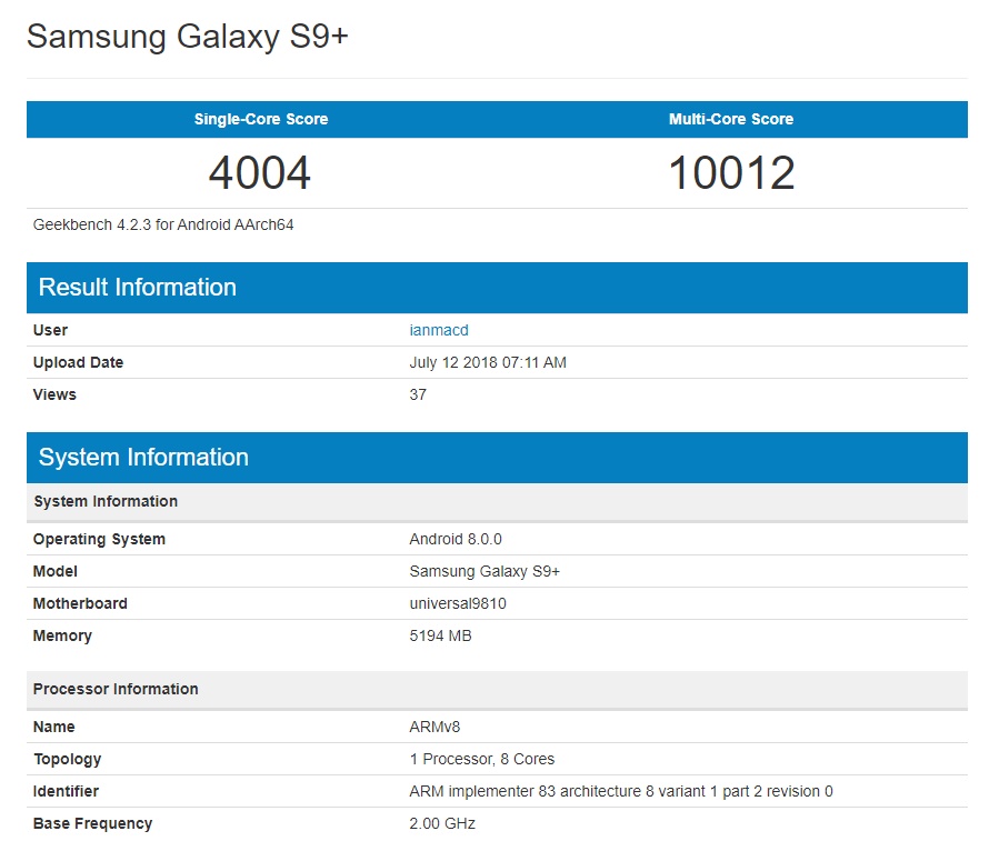 Samsung Exynos 9810 eekbench