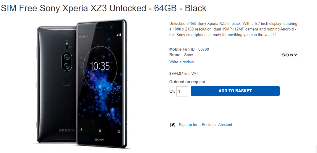Sony Xperia XZ3 price on online retailer site -