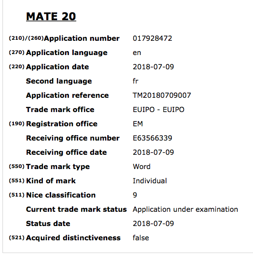 Huawei Mate 20 Trademark