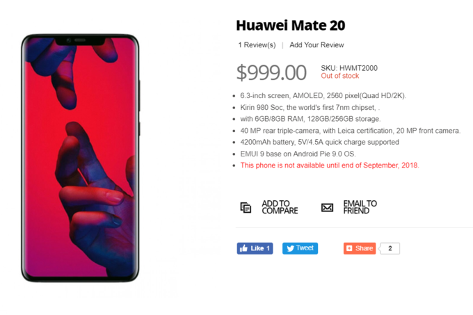 Huawei Mate 20 Giztop listing