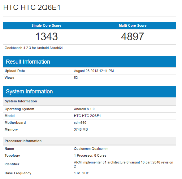 HTC U12 Life Geekbench