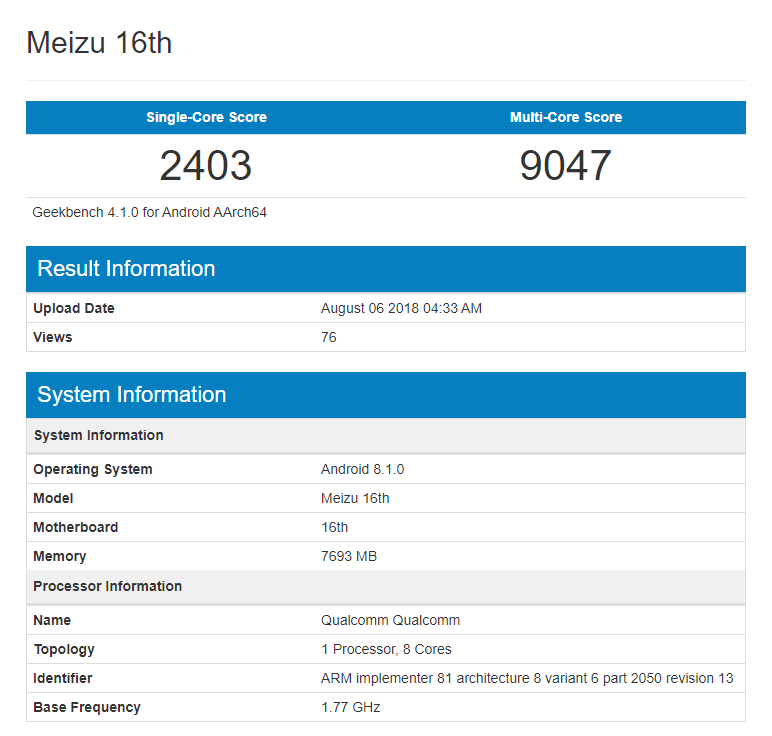 Meizu 16 Geekbench