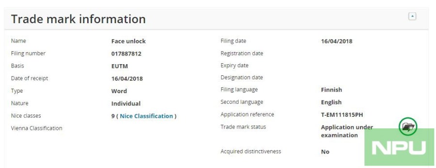 Nokia Face Unlock trademark