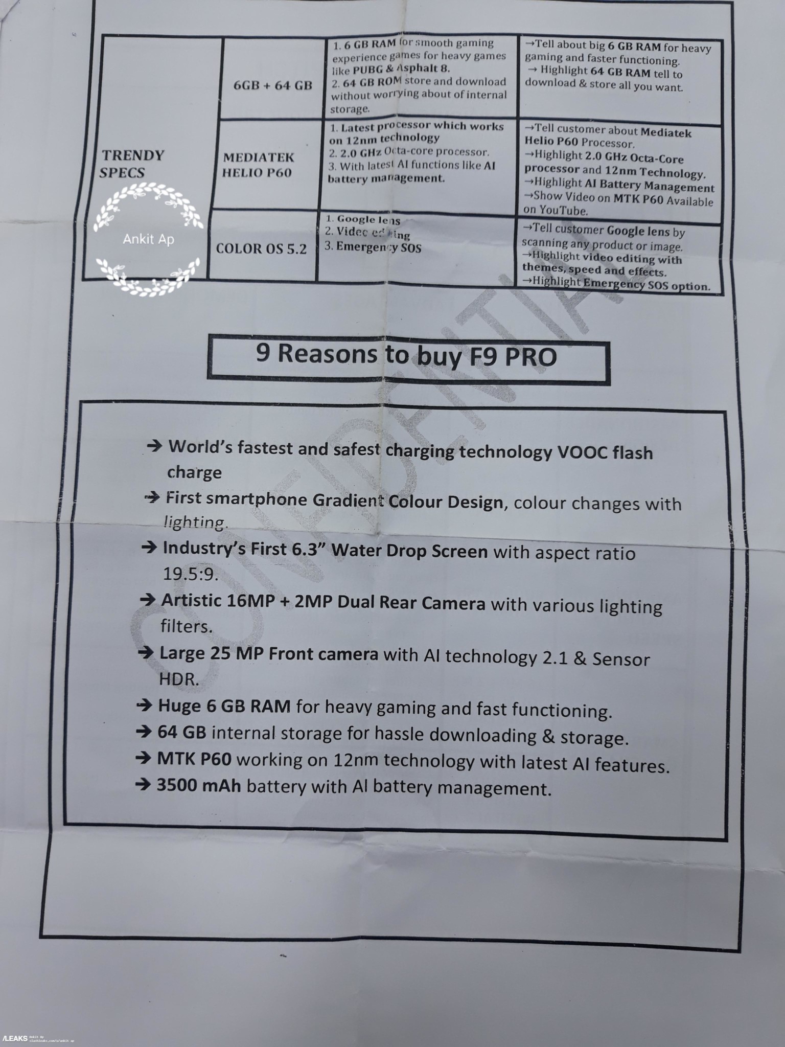 Sales Pitch Memo Reveals Full Specs Of The Oppo F9 Pro Gizmochina
