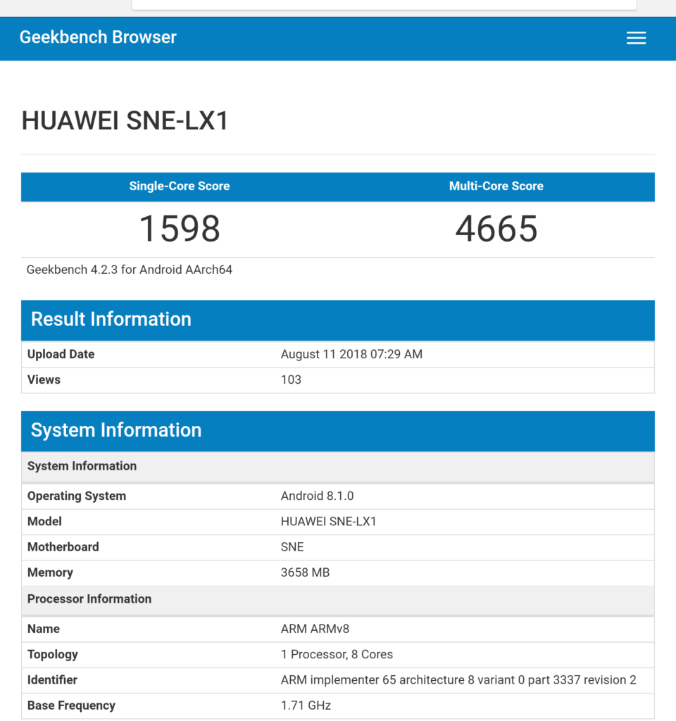 Huawei Mate 20 Lite GeekBench