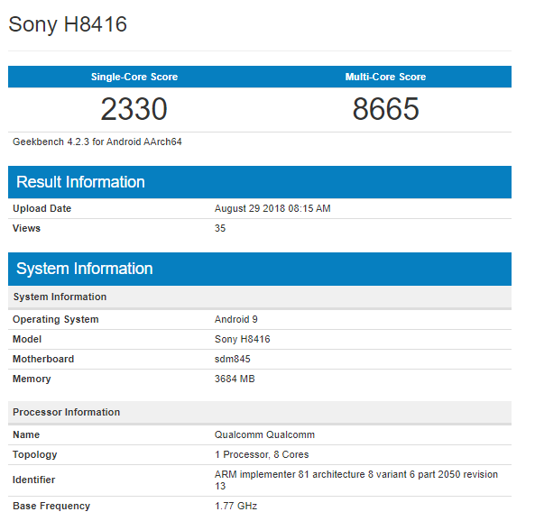 Xperia XZ3 Geekbench