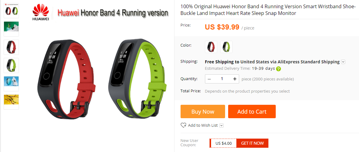 Honor Band 4 AliExpress listing