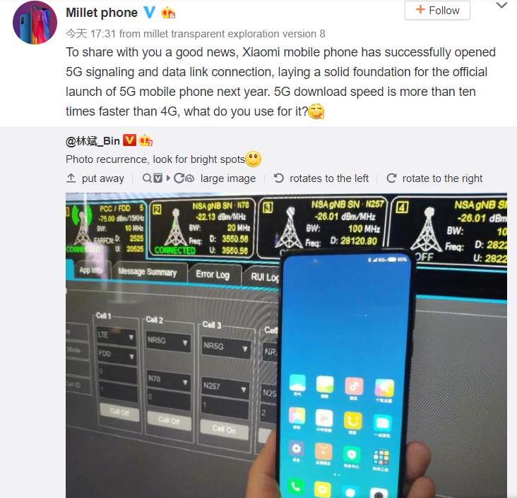 Xiaomi 5G testing with slider phone