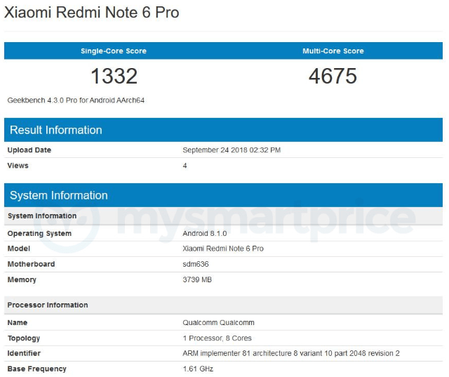 Xiaomi Redmi Note 6 Pro Geekbench