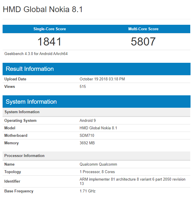 Geekbench listing reveals Nokia 8.1 specs: Snapdragon 710, Android Pie