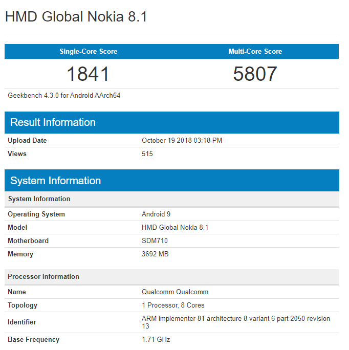 HMD Global Nokia 8.1 geekbench