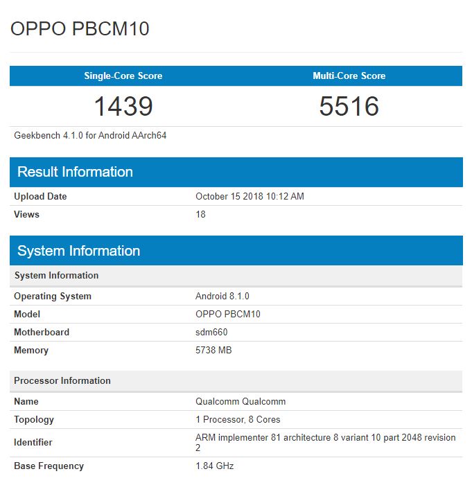 OPPO R15X Geekbench