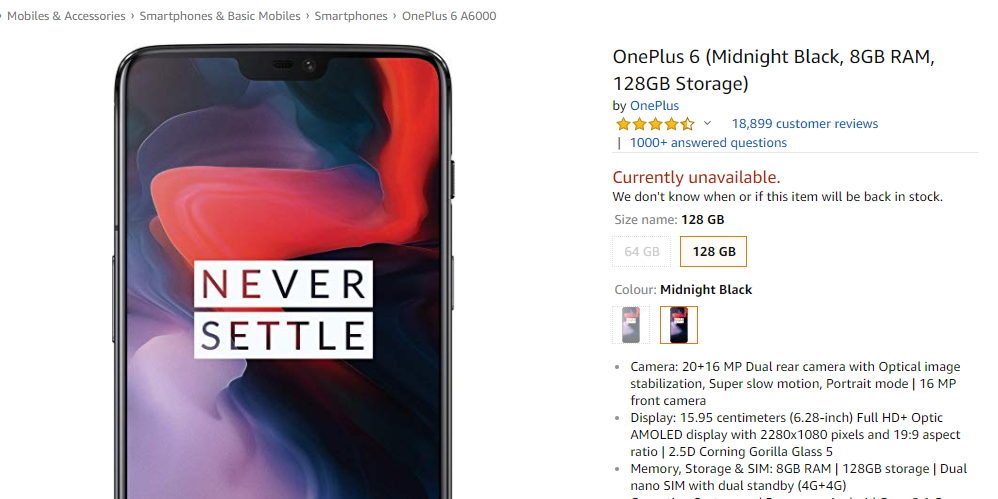 OnePlus 6 Out of Stock 128 GB