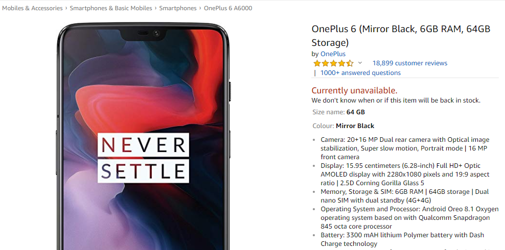 OnePlus 6 out of stock 64 GB
