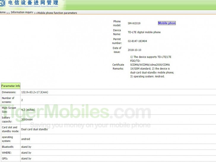 Samsung W2019 screens and battery specs