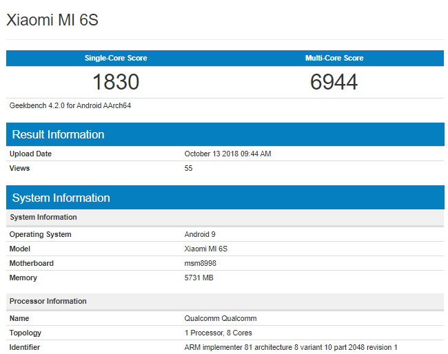 Xiaomi Mi 6S Geekbench