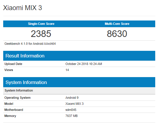 Xiaomi Mi MIX 3 Geekbench listing