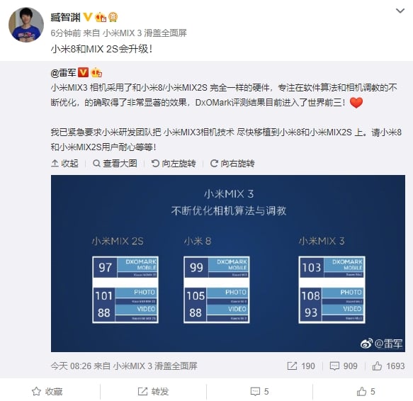 Xiaomi Mi 8 and Mi Mix 2S to get camera upgrades, taking performance closer to Mix 3