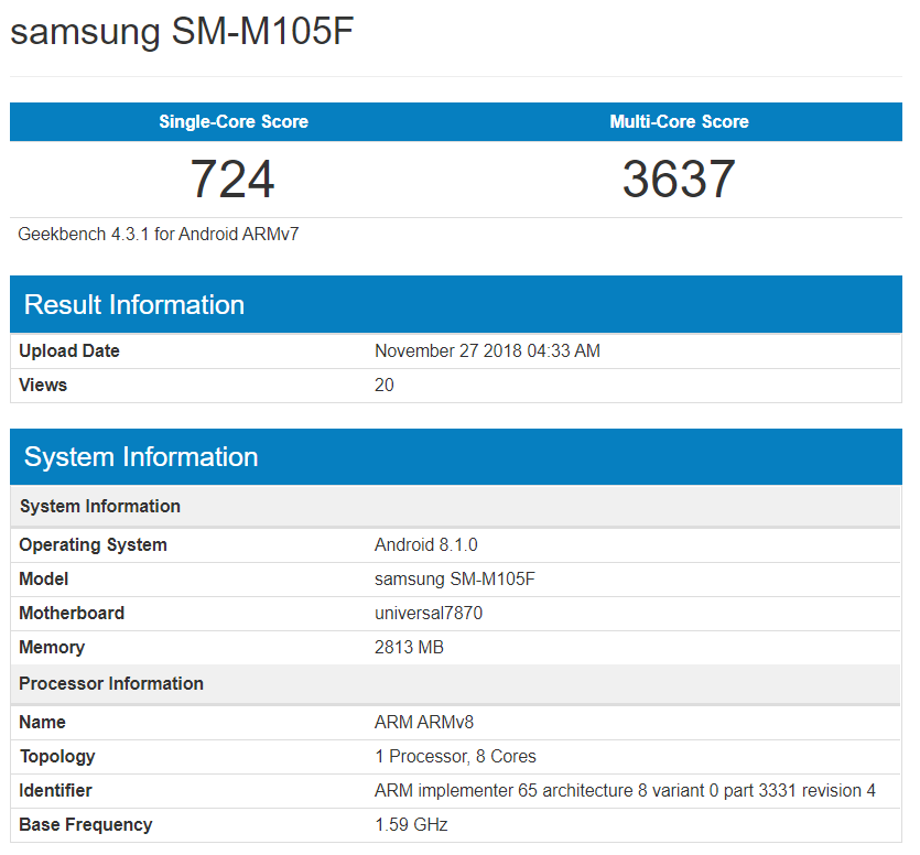 Galaxy M10 geekbench