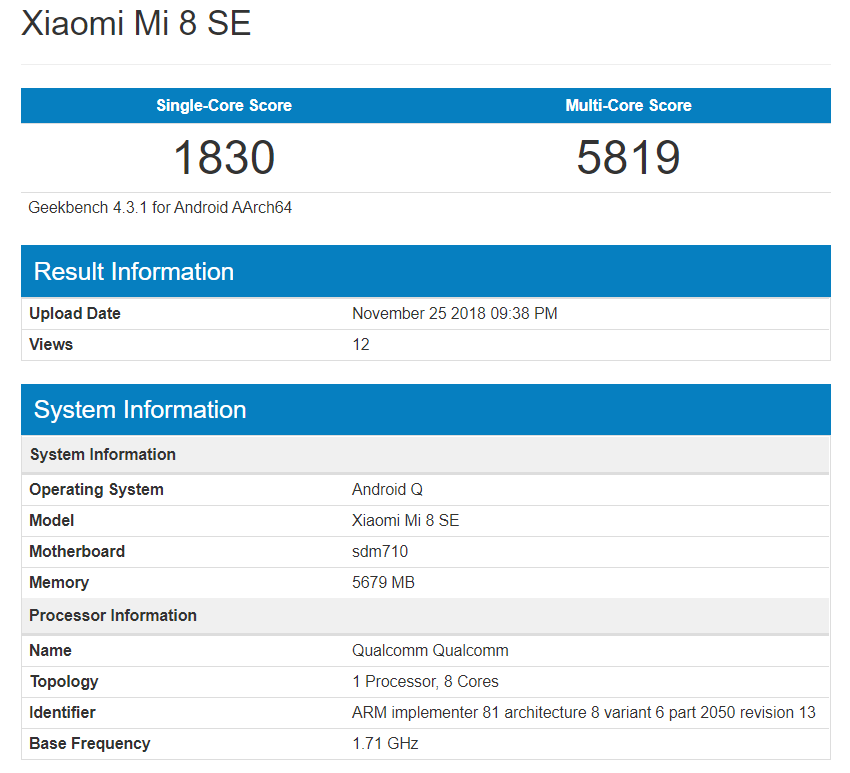 Mi 8 SE Android Q