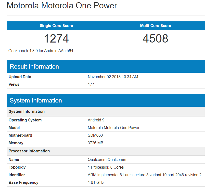 Motorola One Power Geekbench Android Pie