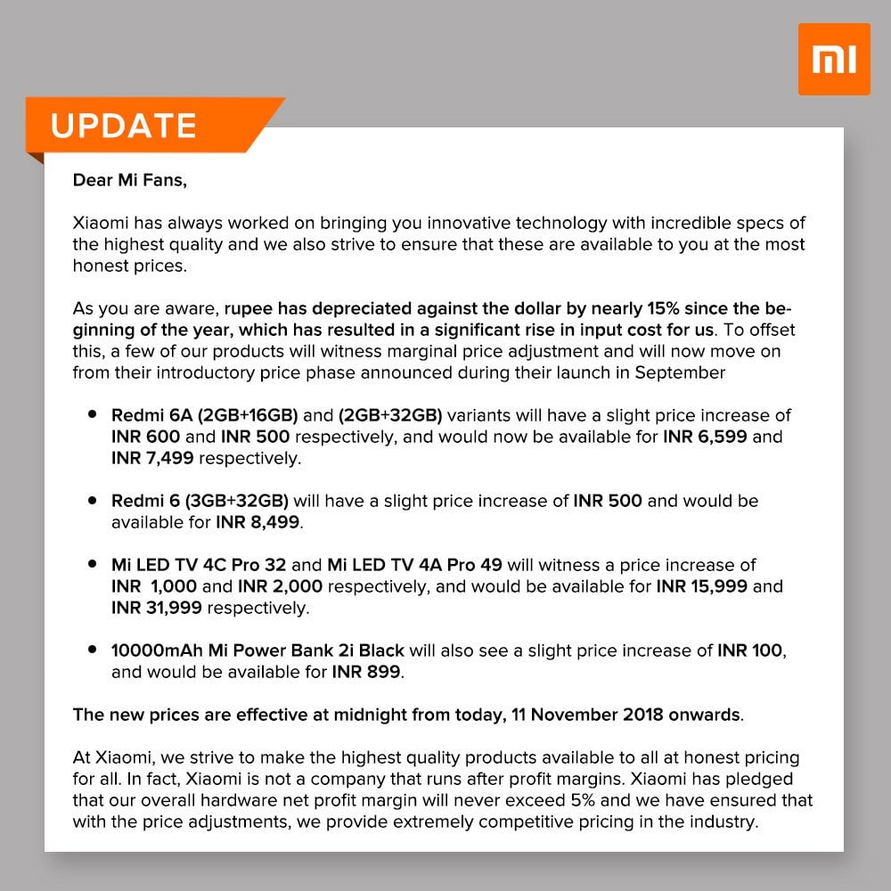 Xiaomi India price increase