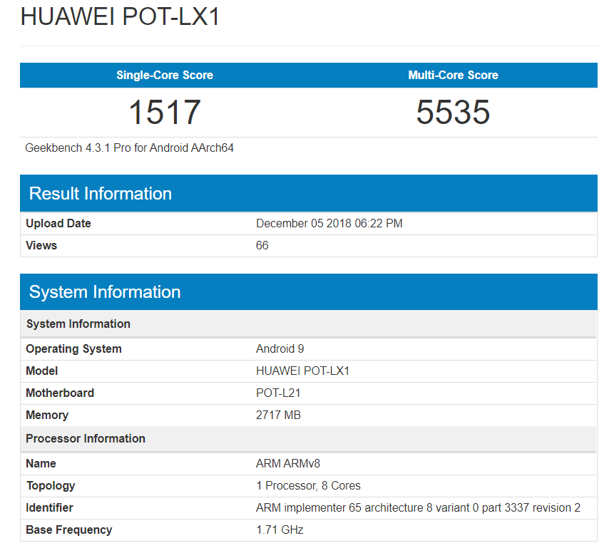 Huawei P Smart 2019 Geekbench