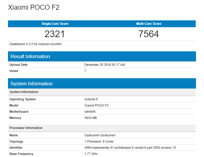 Xiaoim Poco F2 Geekbench