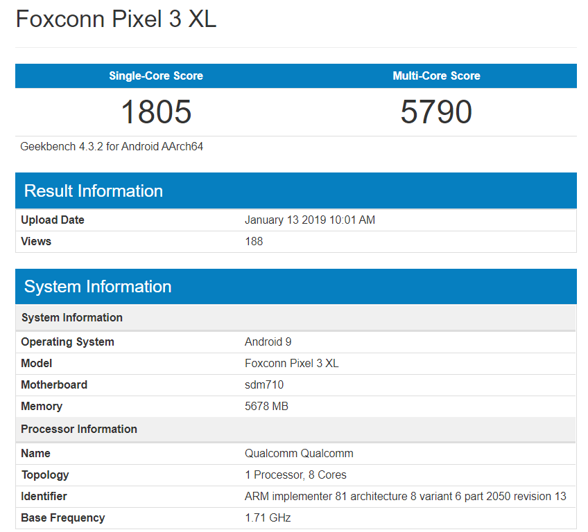 Google Pixel 3 XL Lite Geekbench