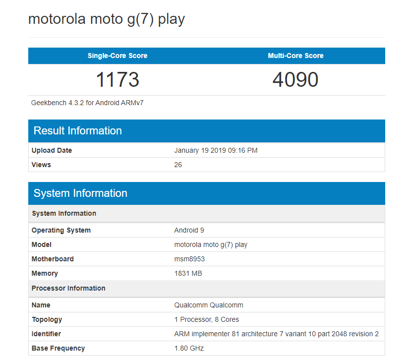 Moto G7 Play Geekbench