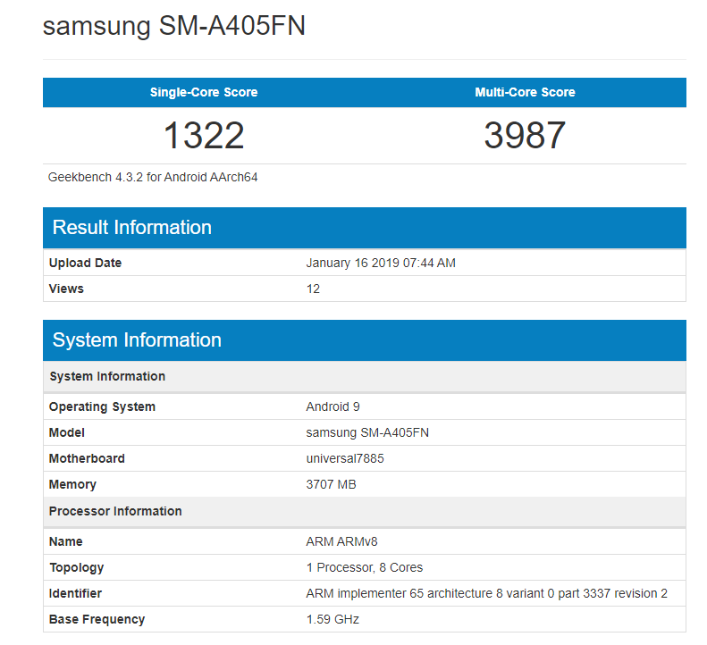 Samsung Galaxy A40 Geekbench