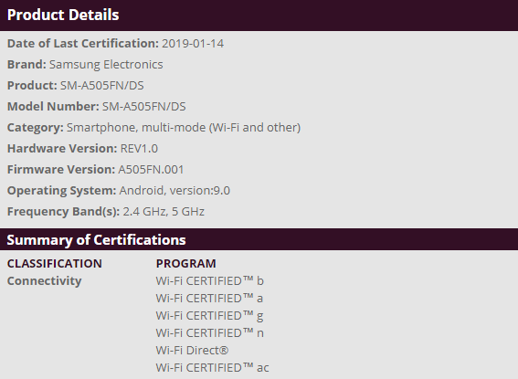 Samsung Galaxy A50 WFA Certification