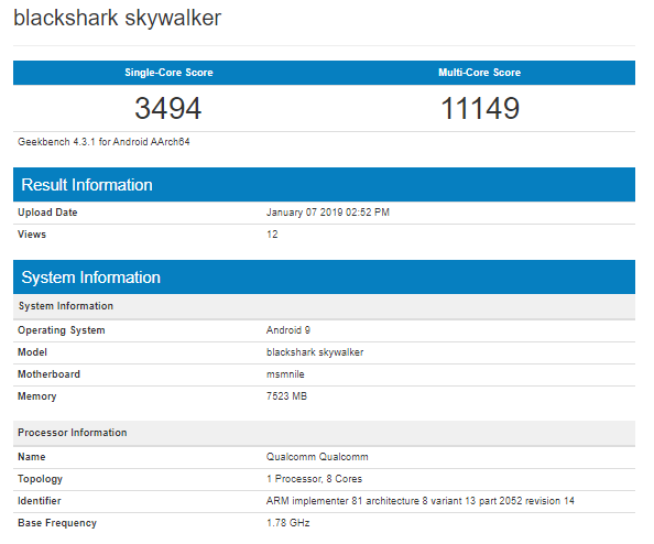 Xiaomi BlackShark Skywalker Geekbench