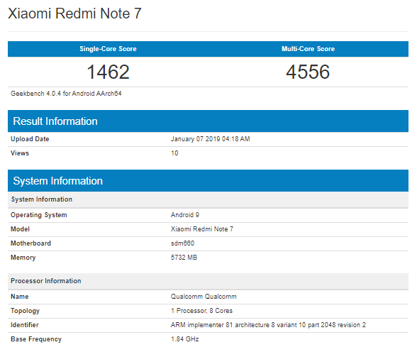 Xiaomi Redmi Note 7 Geekbench