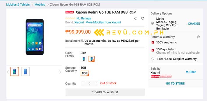 Xiaomi Redmi Go Lazada listing