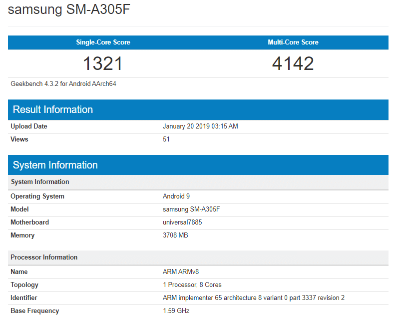 Samsung Galaxy A30 Geekbench