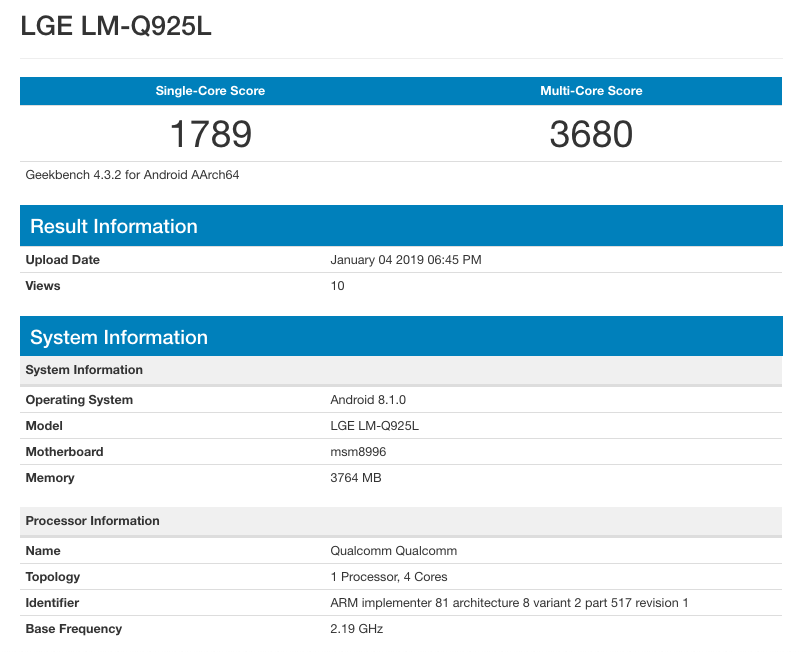 LG Q9 Geekbench