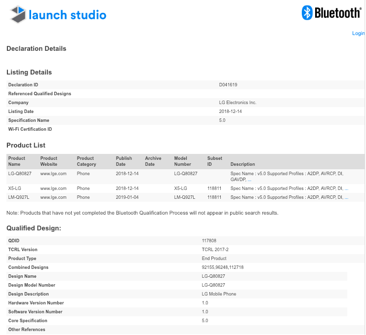 LG Q9 One Bluetooth SIG