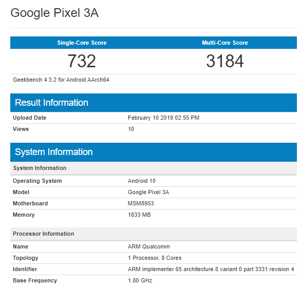 Google Pixel 3A Geekbench