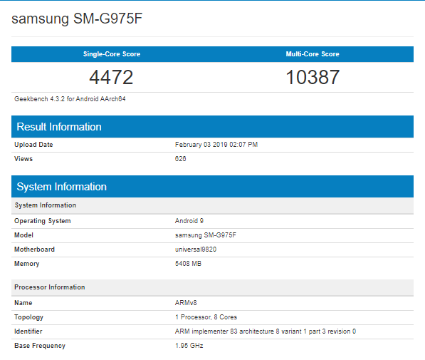 Samsung Galaxy S10 Exynos 9820 Geekbench