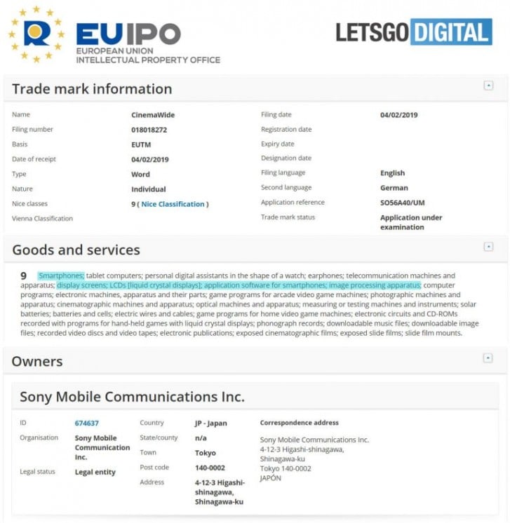 Sony CinemaWde Display EUIPO Trademark