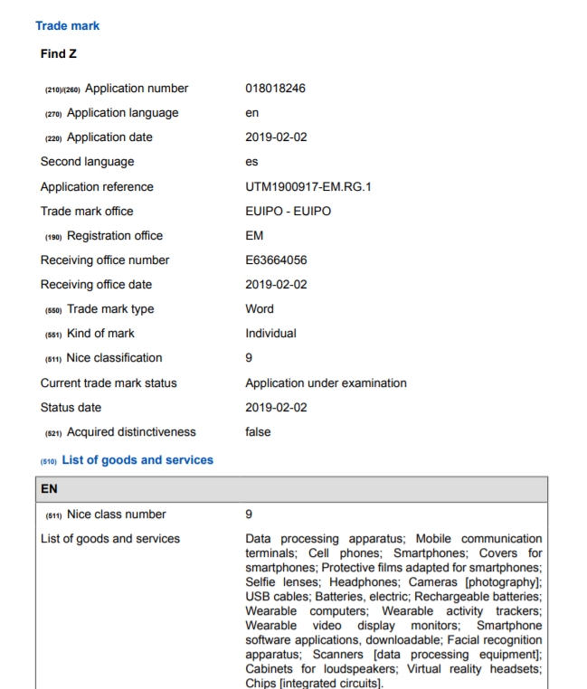 Oppo Find Z Trademark