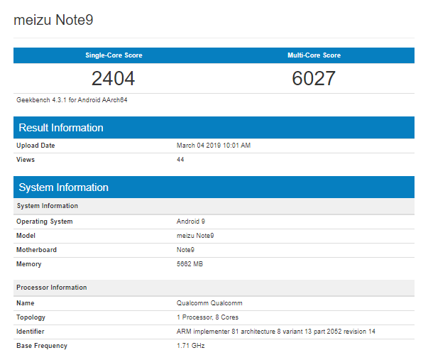 Meizu Note 9 Geekbench
